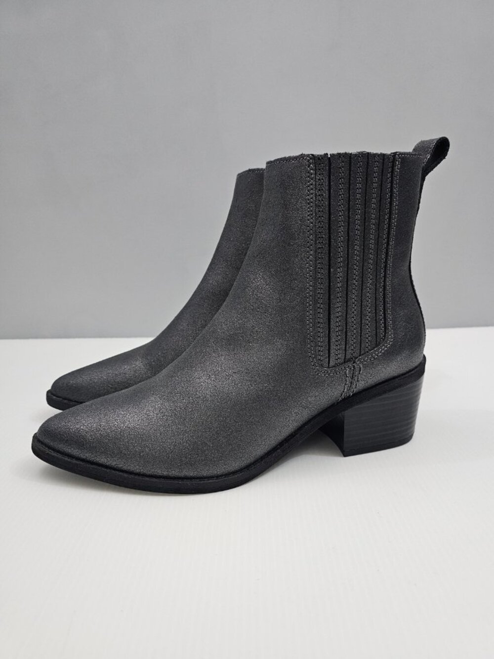 Clarks Morzine Top Chelsea Ankle Boot 8.5 Pewter Metallic Leather Block Heel
